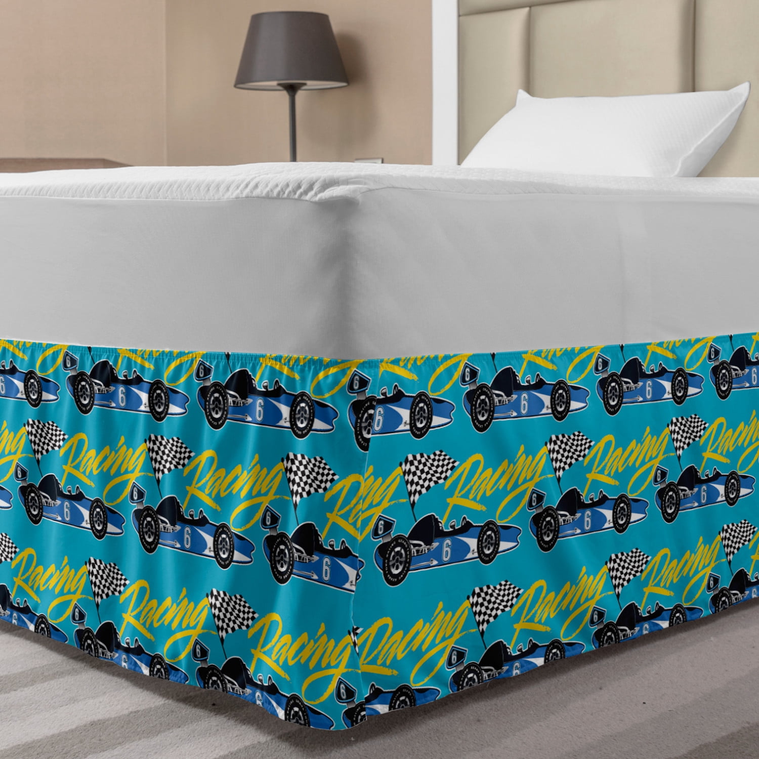 Race Car Bed Skirt, Racing Cursive Calligraphy with Flags in Checkered ...