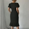 thumbnail image 4 of Uaswgudfs Women's Short Sleeve Fitted Midi Dress - Summer Casual Ruffled Hem & Pleated Accents, Knee-Length Style Black L, 4 of 9