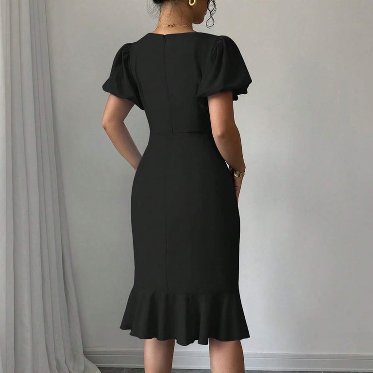 short black mermaid dress SMihono Women's Summer Puff Short Sleeve Mermaid Dress Elegant Office Slim  Solid Party Dress Bodycon Ruffle Dress Black M