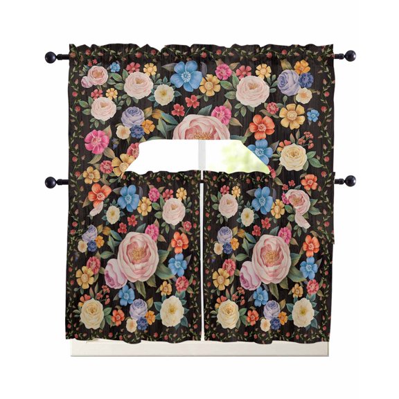 Boho Pink Flower Swag Curtains for Living Room/Bedroom Windows, Spring Watercolor Country Floral Plant Kitchen Curtains and Valances Set 36 Inch Length, Light Filtering Swags Valance Curtain Panels