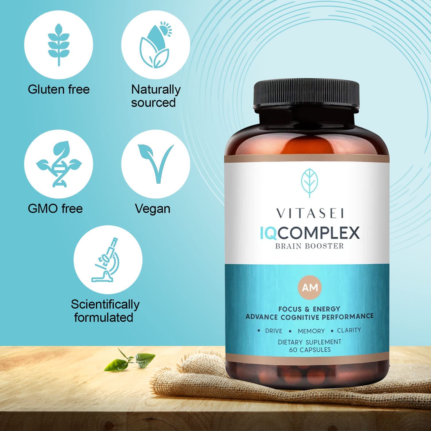 Vitasei IQ Complex AM Brain Booster Brain Supplement for Memory & Focus-Energy & Cognitive Capsules W/Ashwagandha,Quercetin & Green Tea,Memory Pills for Mental Clarity,Mental Focus- 60 Capsules (3pck)