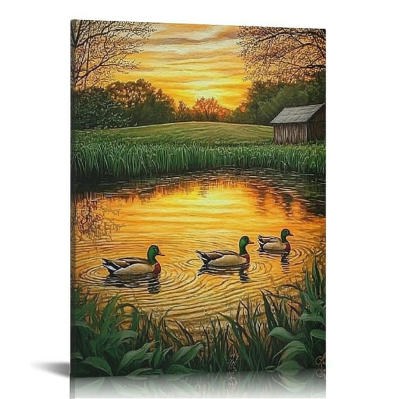 Patifu Ducks Pond Sunset Canvas Wall Art For Living Room Bedroom 12x16 in