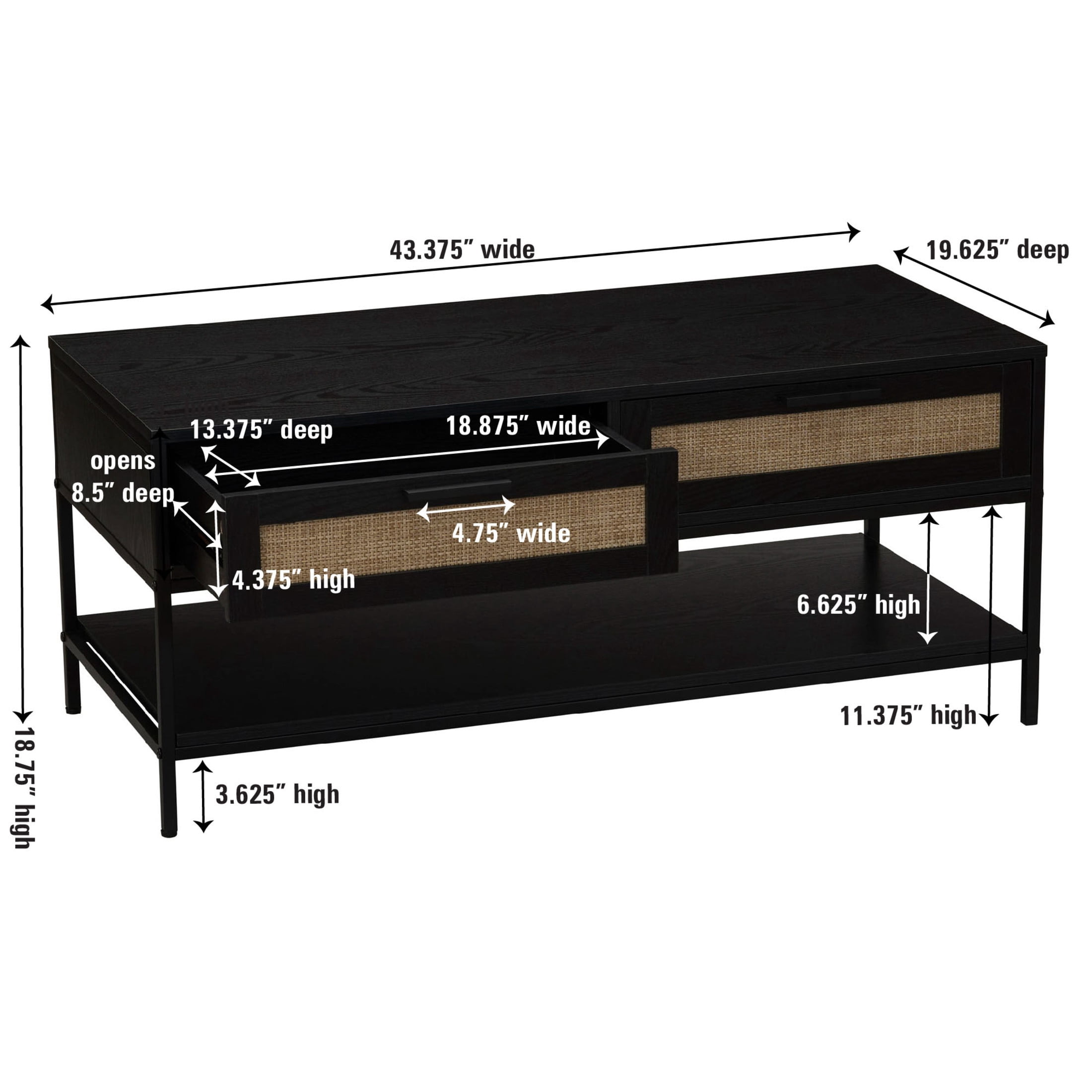 Household Essentials Bungalow Rectangular Coffee Table with Storage Shelf and 2 Drawers Black Oak Wood Grain Woven Front and Black Metal