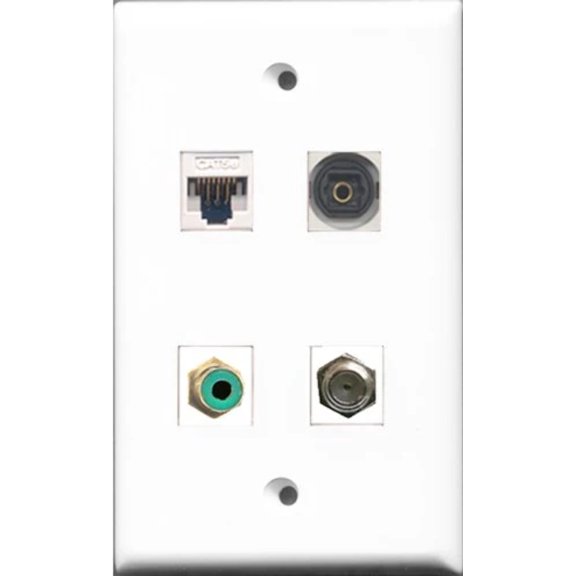 RiteAV 1 Port RCA Green and 1 Port Coax Cable TV- F-Type and 1 Port Toslink and 1 Port Cat5e Ethernet White Wall Plate
