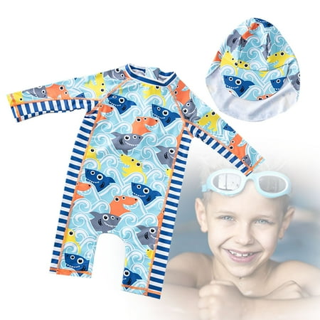 Huowey Baby Toddler Boys Swimsuit Set Rash Guards Long Sleeve Cute Cartoon Shark Print Striped Color Block Back Zip Up Mock Neck One-Piece Jumpsuit Swimwear Upf50+ Bathing Suit With Hat A 4-5 Years