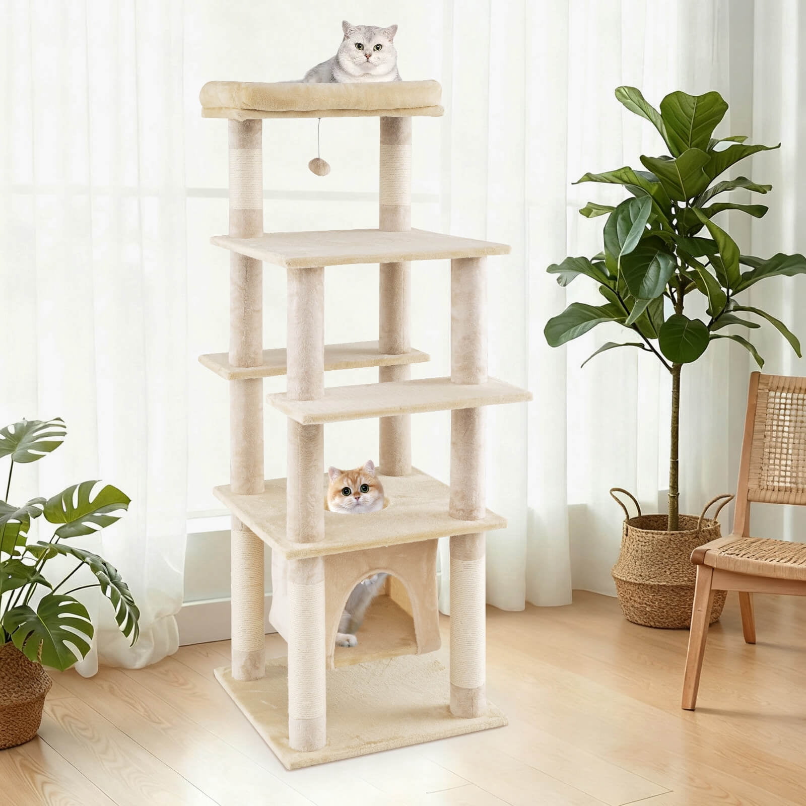 Costway Large Multi-level Cat Tree 58" Tall Cat Tower with Swaying Aerial Condo Perch Bed Beige