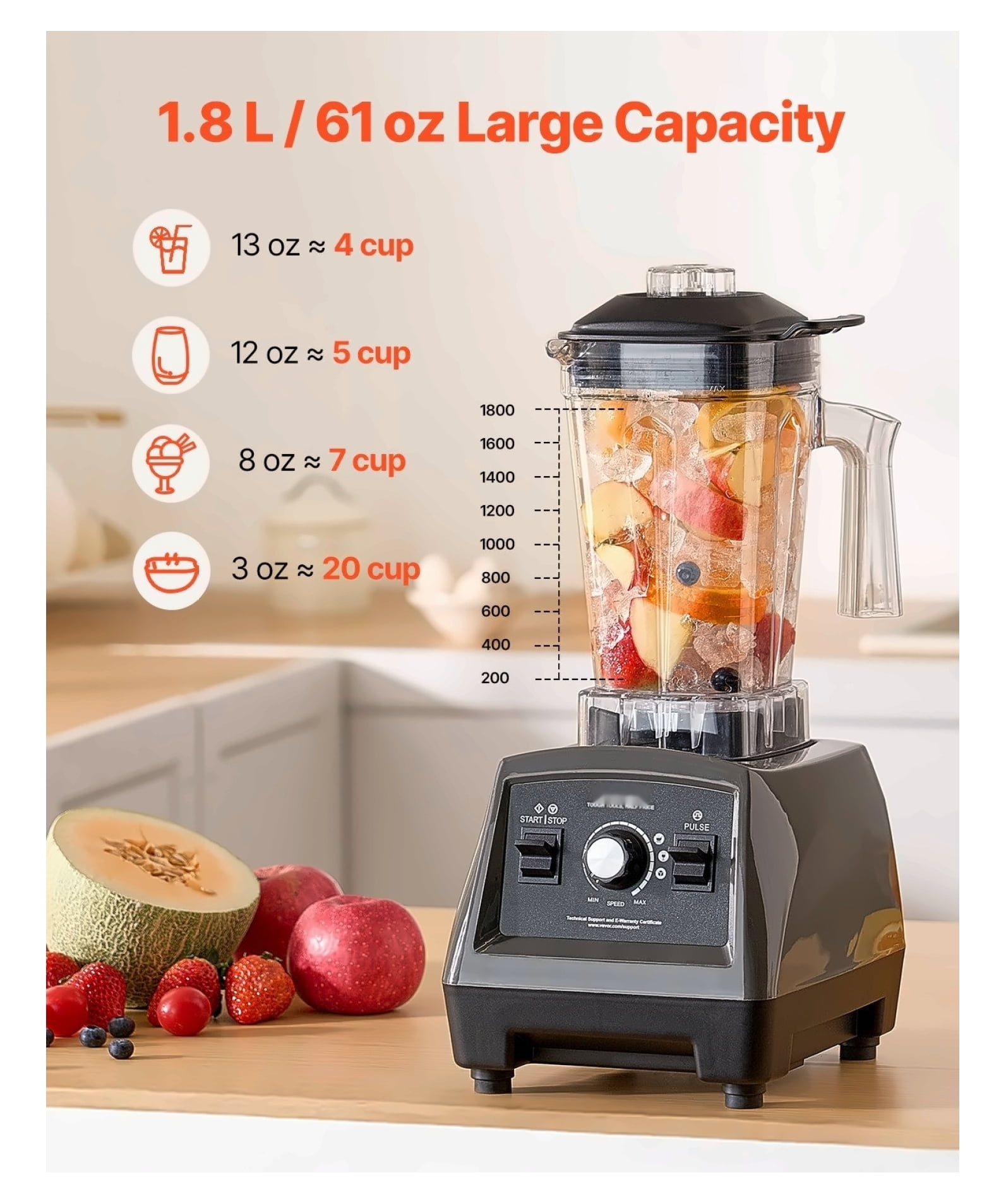 Blender for Smoothies, 1400W 61oz Professional Blender, Multi-Function Food Blender with 2 Cups for Shakes, Juice, Frozen Drinks - Kitchen Appliance