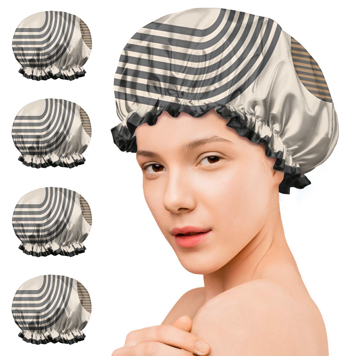 Shower Caps,Brown Boho Geometric Pattern Waterproof Shower Cap for Women 4 Pieces,Double Reusable Hair Cover for Shower PEVA Elastic Stretch Hem