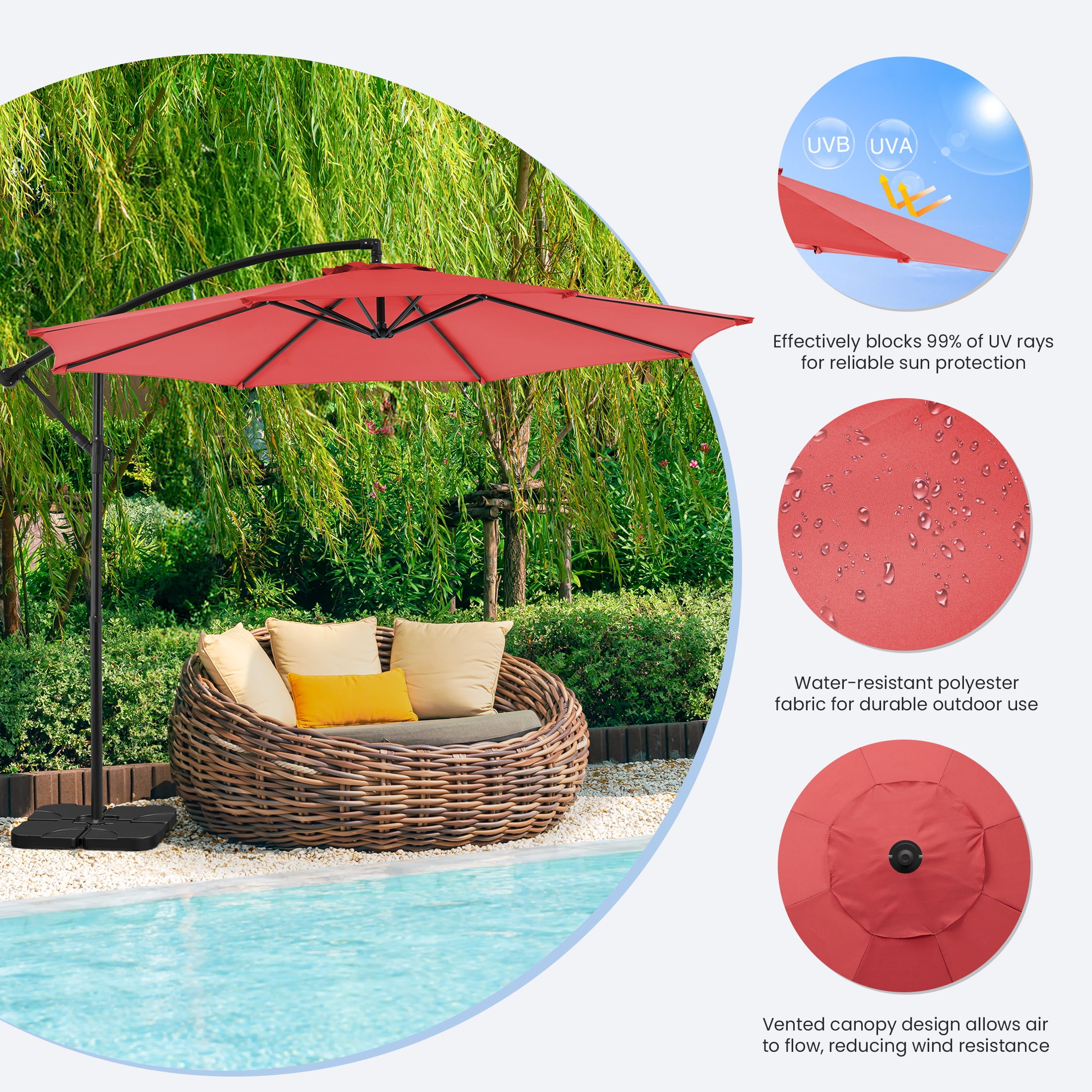 edx 10FT Offset Hanging Patio Umbrella Outdoor with Push Button Tilt & Self-Locking, Polyester Shade, 8 Sturdy Ribs, Red