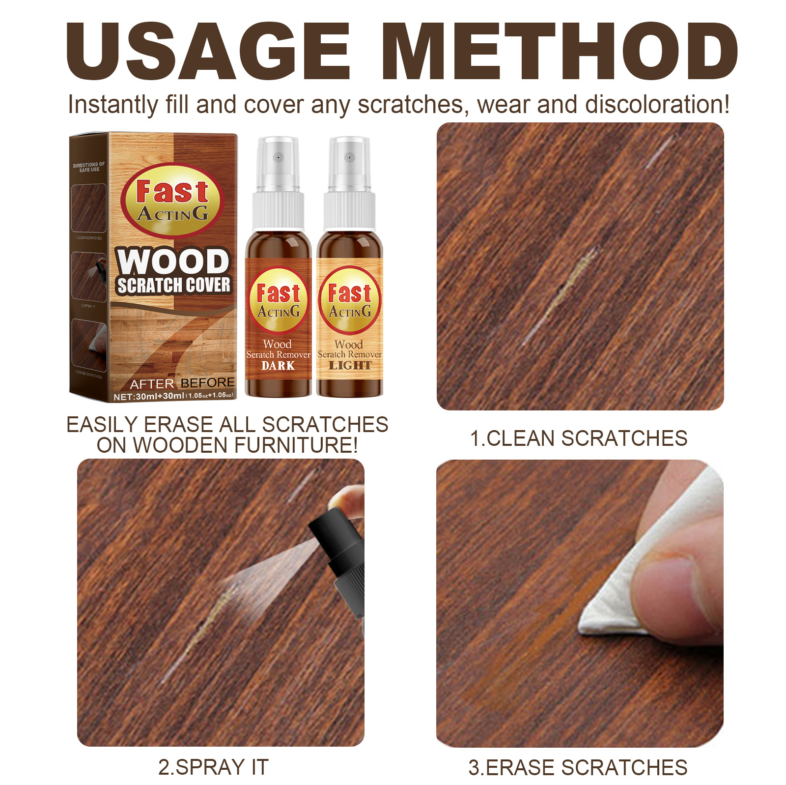 Alvantor Wood Floor Scratch Repair Spray, Furniture Restorer Polish Paint for Hardwood Laminate, 1.05oz+1.05oz
