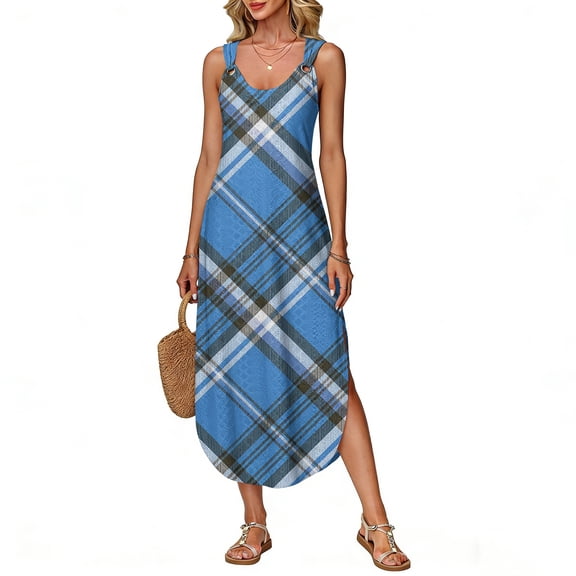 HOXZODT Women’s Argyle Plaid Maxi Dress Sleeveless Scoop Neck Side Slit Summer Maxi Dresses for Women, Blue, L