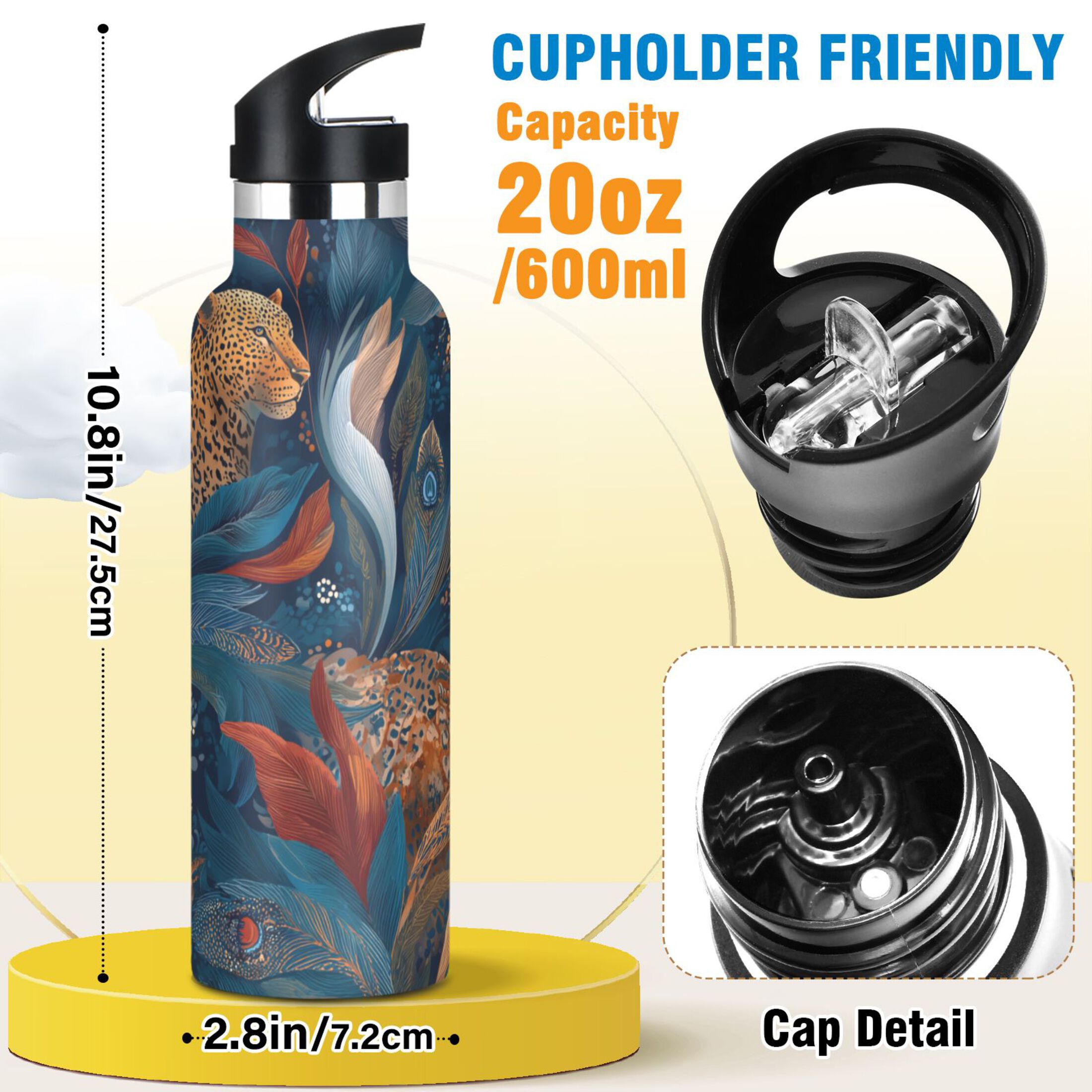 Kids Insulated Stainless Steel Sports Water Bottle 600ml (20oz) Leopard and Flying Feathers