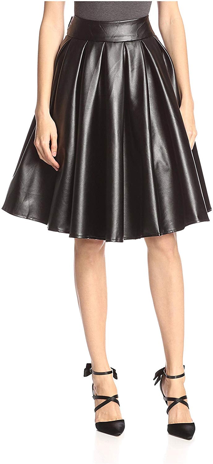 Womens Vintage High Waist Faux Leather A-line Pleated Tutu Skirt S M L Black