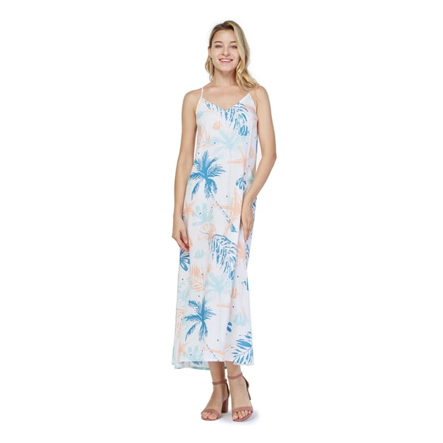 Robe Maxi à Imprimé Floral Hawaïen Luau pour Femme, Coupe Cœur, S, Sable, Plage, Crème
