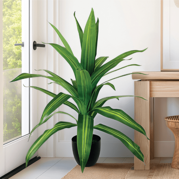 Artificial Plant, LCG Florals 4ft Draceana Tree in Black Growers Pot, Fake Indoor Faux Plant for Living Room, Office, and Home Decor