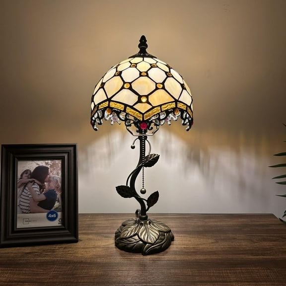 Tiffany Table Lamp Beige Stained Glass Crystal Beans LED Bulb Included for Living Room Bedroom Bedside 8"W*8"D*16"H