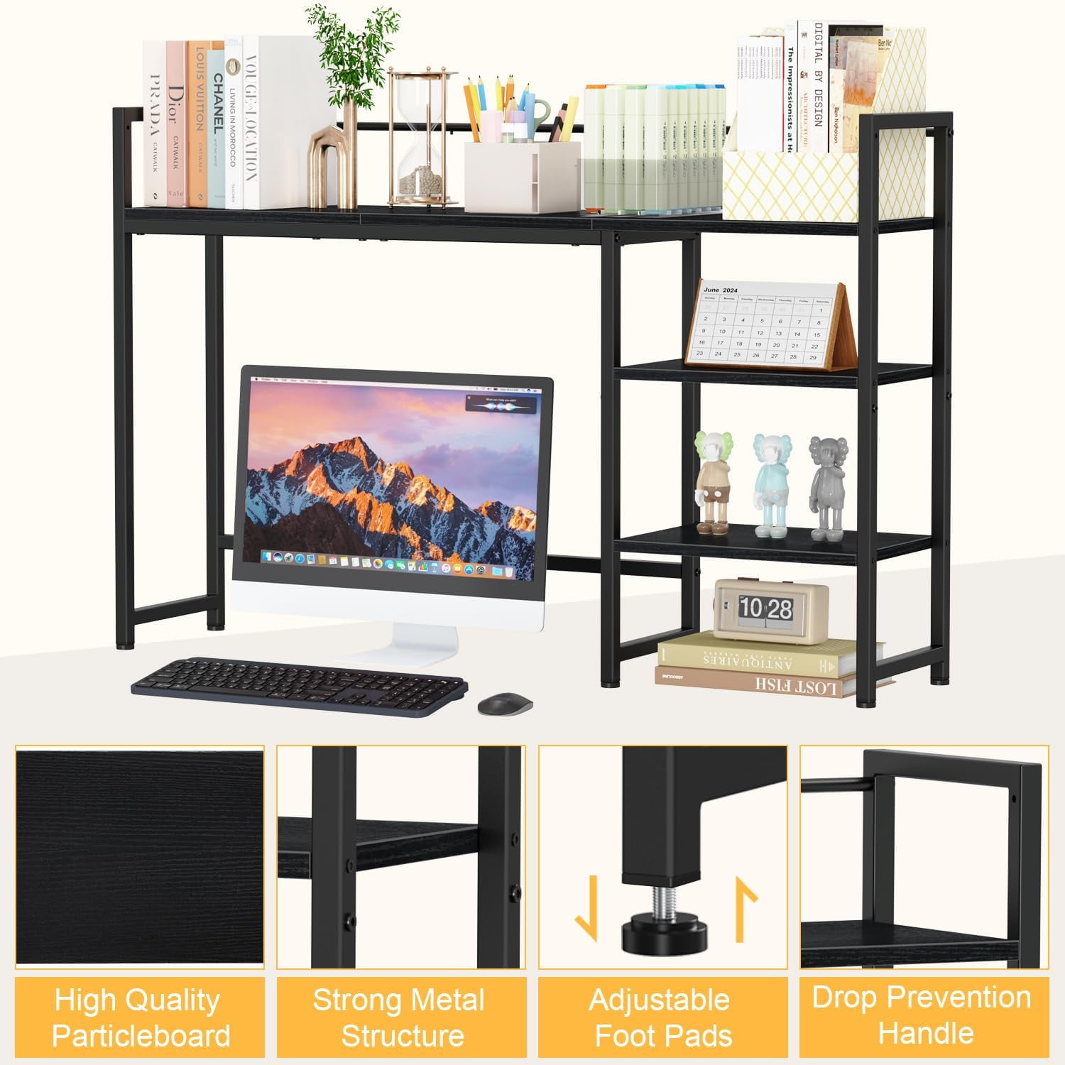 Desk Shelf, 44.9" Large Desktop Organizer Shelf, Desk Hutch for Monitor, 4 Tier Display Rack, Wooden Desktop Bookshelf Storage Rack for Home Office Dorm