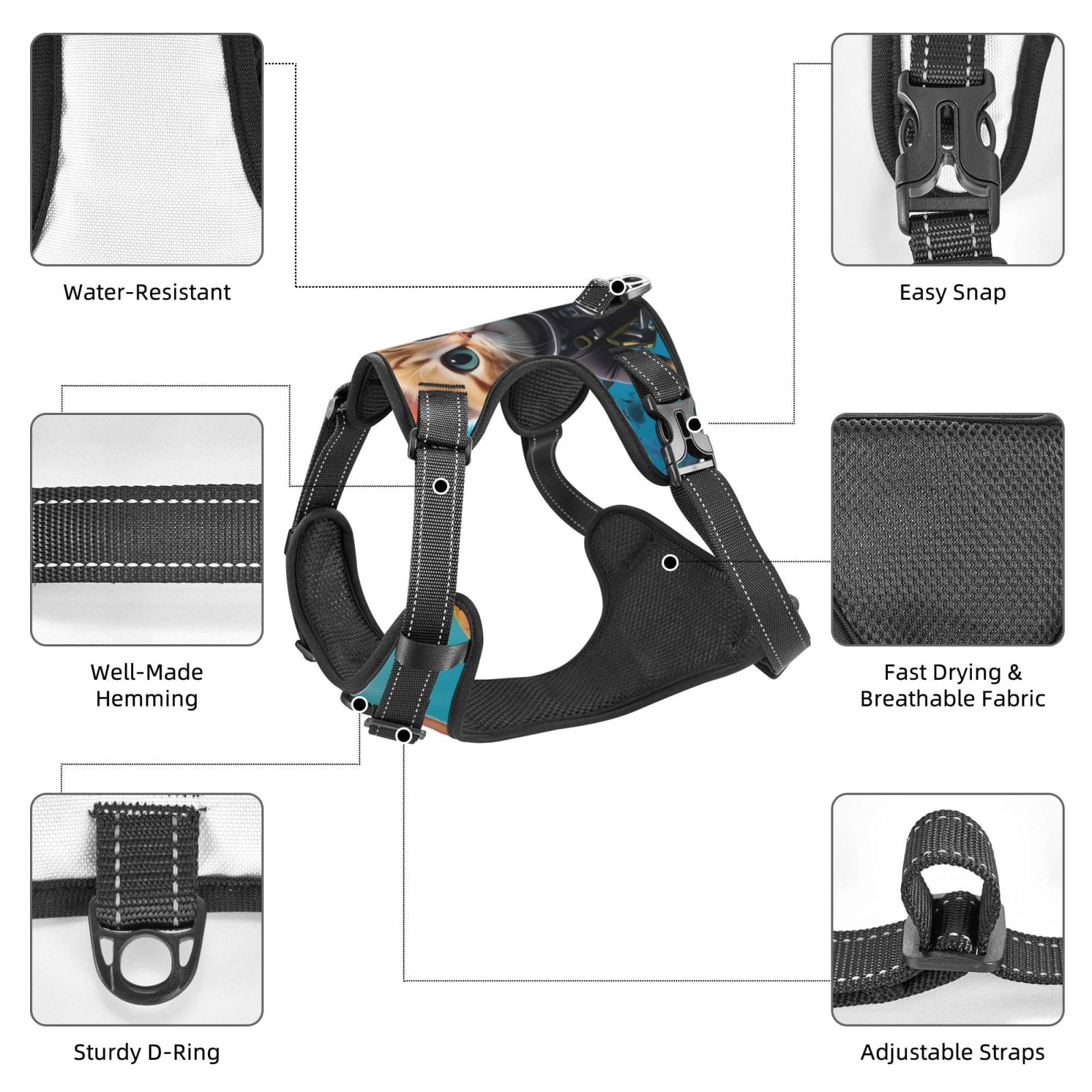 Vsdgher Underwater Diving Cat Pattern Dog Harness,No Pull Pet Harness with Soft Padded Handle,Adjustable Reflective Vest with 2 Buckles,4 Slide Buckles,S-XL X-Large