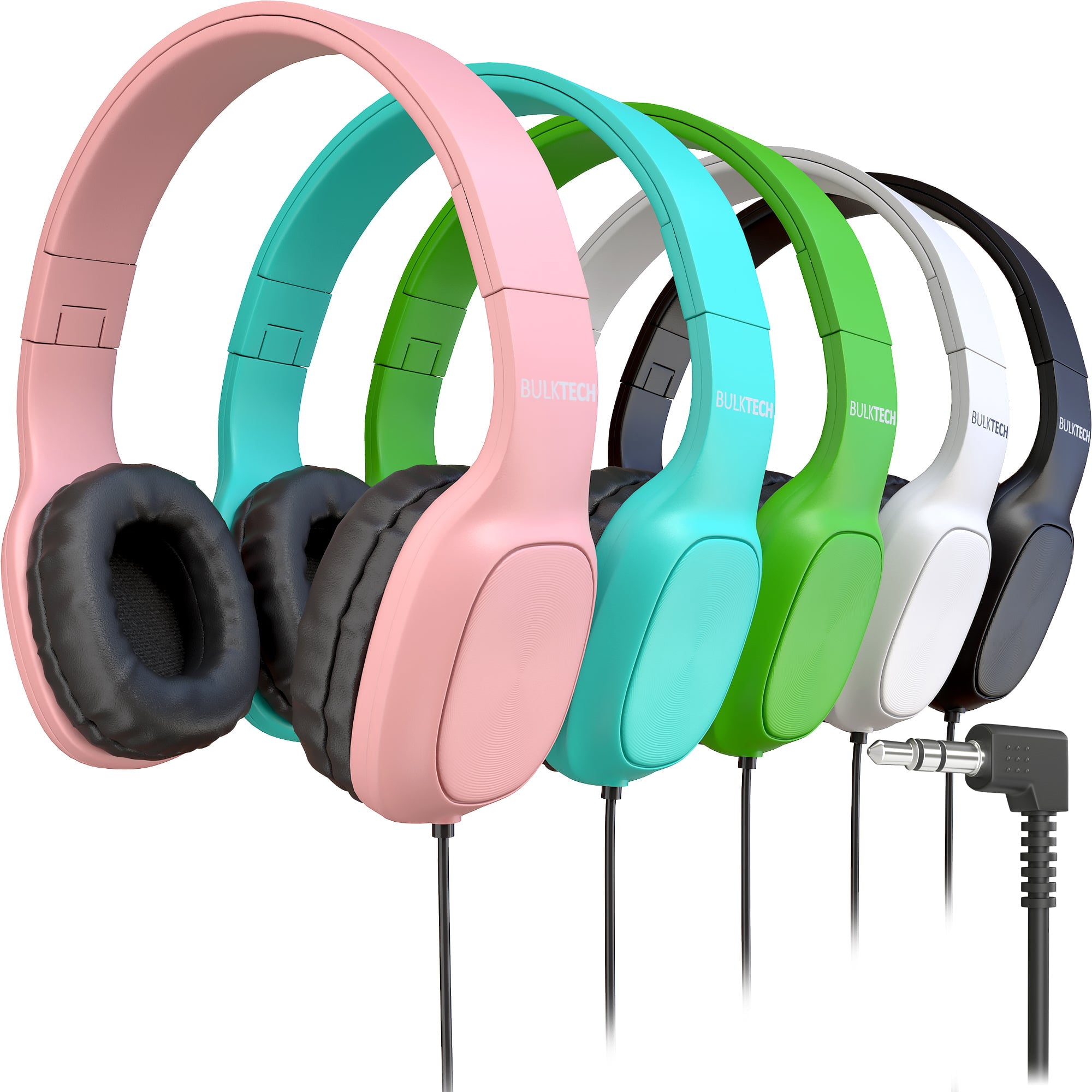 Bulktech Wired On-Ear Leather Headphones with 3.5mm Connector, Oval Metal Housing, Bulk Wholesale, 5 Pack, Assorted Colors
