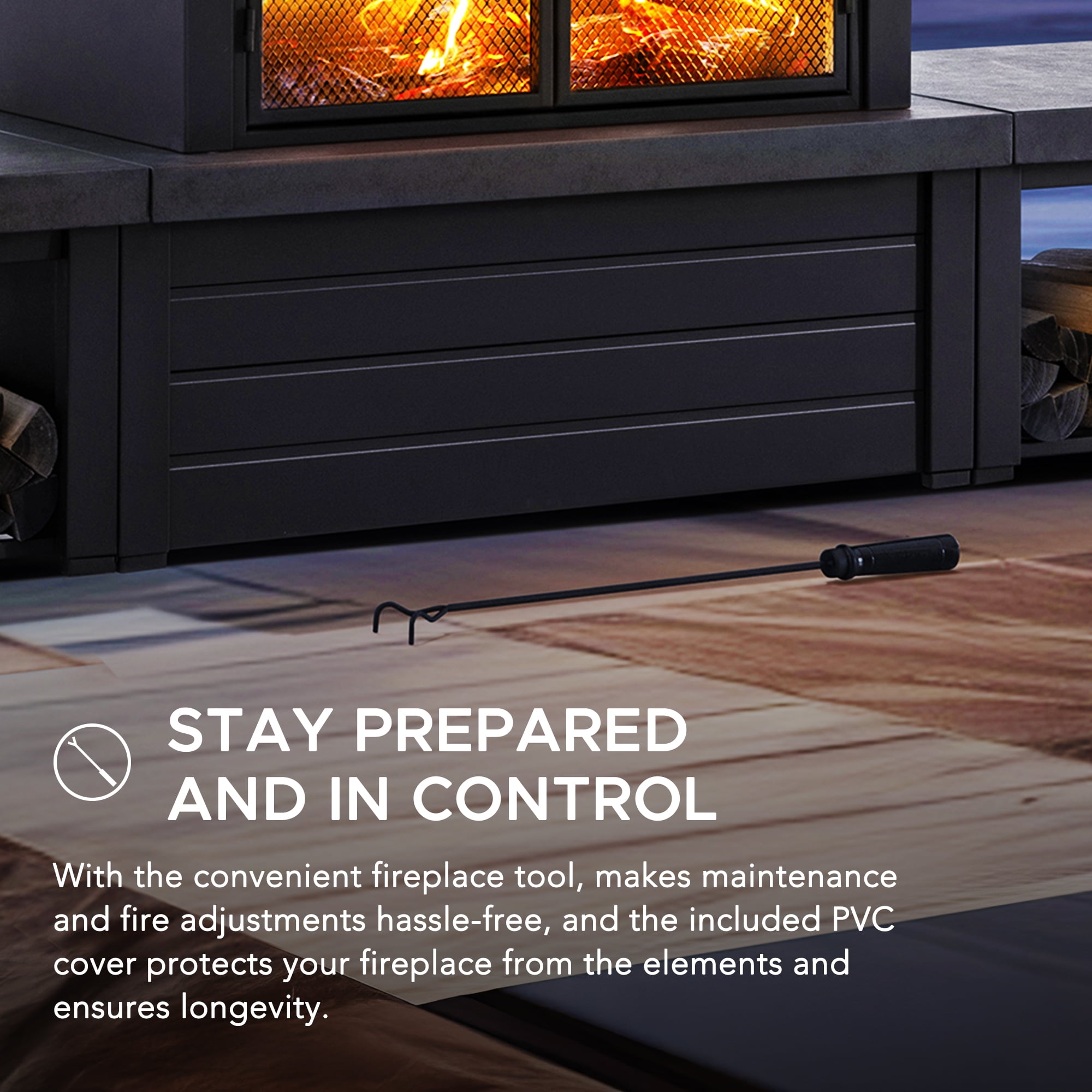 Sunjoy Outdoor Wood Burning Fireplace ,Steel Metal Fire Pit with Wood Storage and Chimney, Fireplace with Mesh Spark Screen Door & Fire Poker, for Patio Garden Deck Backyard