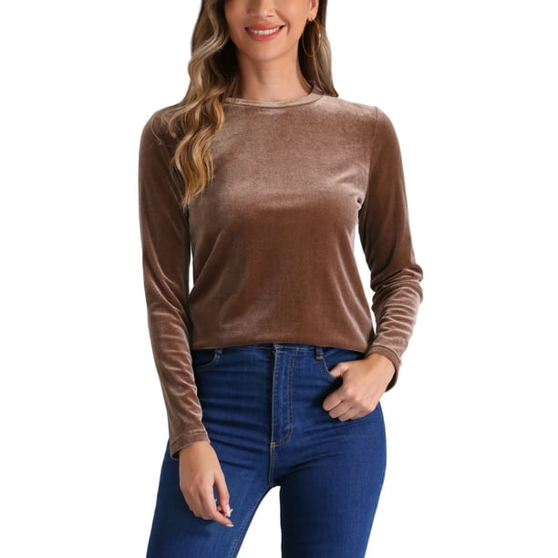 Blusa de terciopelo elástica de manga larga y cuello redondo para mujer INSPIRE CHIC en color marrón