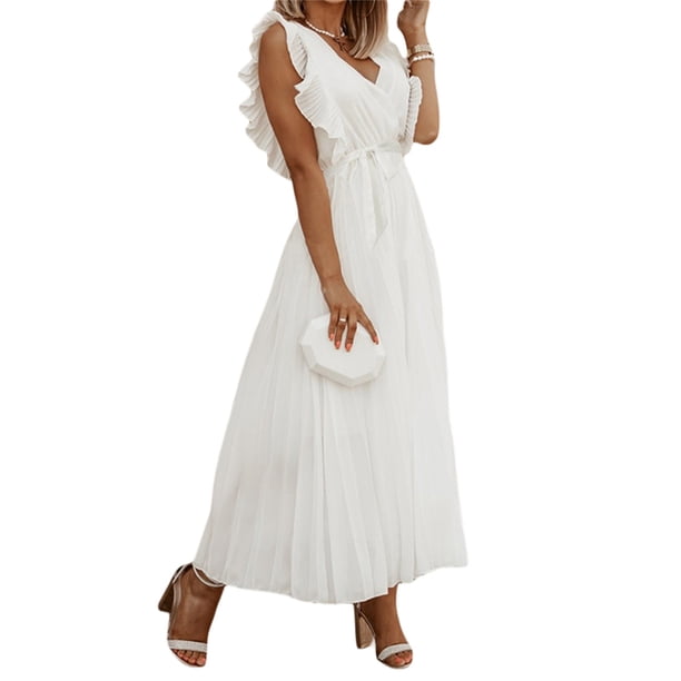 SAYOO Vestidos Largos de Manga con Volantes con cinturón para Mujer Verano, Vestidos de Gasa Plisados con Cuello en V de Color Sólido Casual SAYOO casual