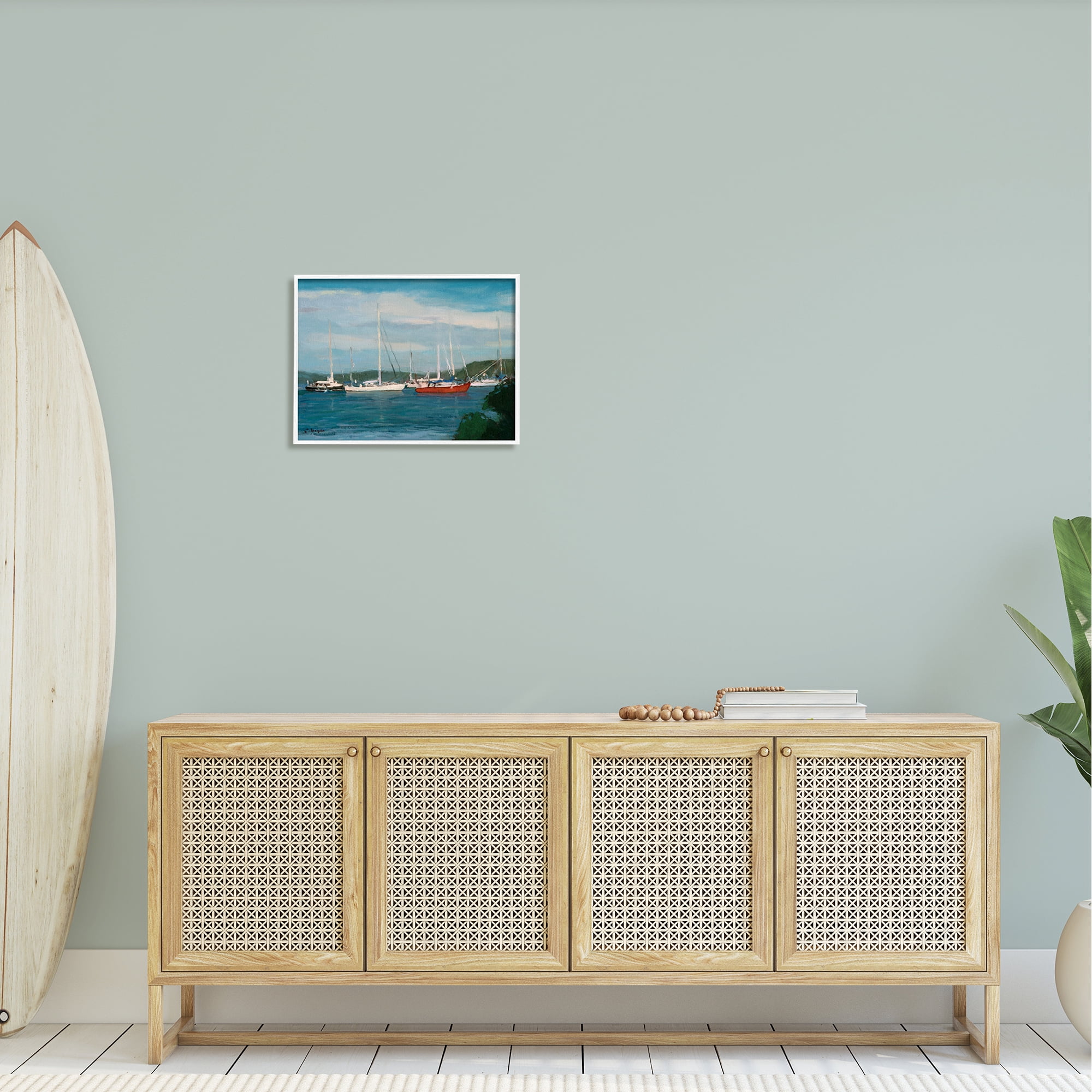 Stupell Industries Sailboat Fleet Afloat Ocean Water Distant Hills Painting White Framed Art Print Wall Art, Design by Stephen Calcasola