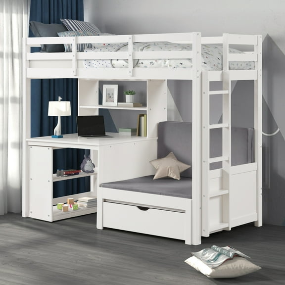 Furniture of America Averly Modern Solid Wood Twin Loft Bed with Movable Bookcase, White