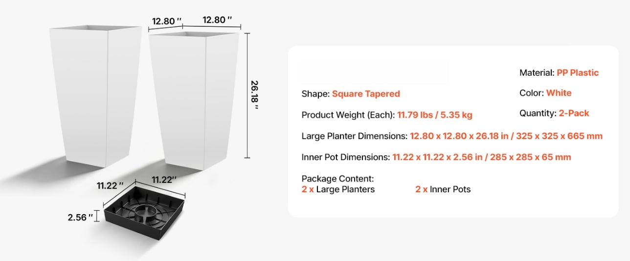 26 Inch Tall Planters Set of 2, Large Outdoor Taper Flower Pots with Casters Drainage, Front Porch Patio Garden Planter Indoor White