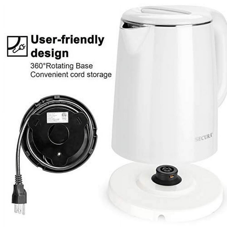 Secura Stainless Steel Double Wall Electric Kettle Water Heater for Tea Coffee w/Auto Shut-Off and Boil-Dry Protection, 1.0L (White)