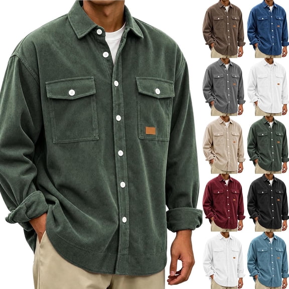 Men Corduroy Shacket Sevevn Long Sleeve Lapel Collar Button Front Jacket With Dual Chest Pockets For Daily Casual Wear Weekend Outings And Everyday Street Occasions
