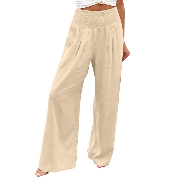 RYRJJ Women Summer Smocked High Waisted Cotton Linen Palazzo Pants Wide Leg  Long Baggy Lounge Pant Trousers with Pocket(Beige,XXL) 