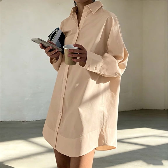 Gamivast Womens Oversized Button Down Shirt Dress Long Sleeve Collared Blouse Casual Loose Fit Tunic Top Boyfriend Style Flattering Essential Everyday Workwear Khaki M