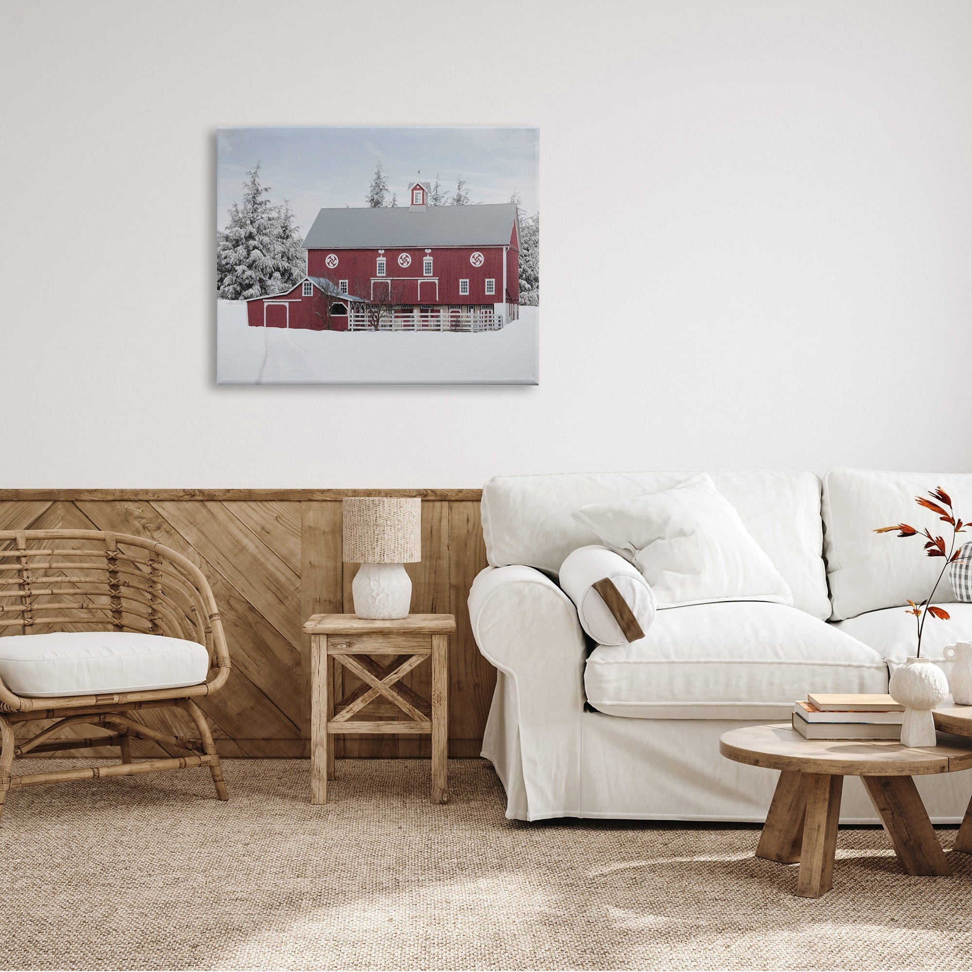 Stupell Industries Red Barn Winter Landscape Snowy Farm Pine Trees, 40 x 30,Design by Lori Deiter