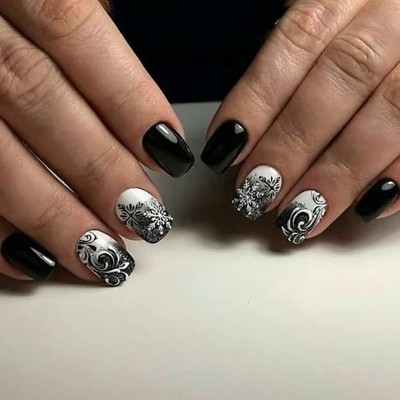 Set de uñas postizas KSTBJN cortas cuadradas negras para Navidad