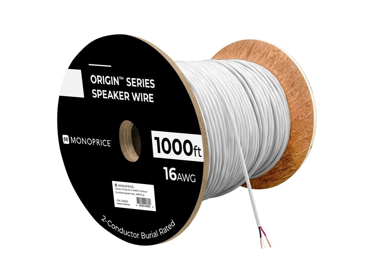 Monoprice Speaker Wire, Burial Rated, 2-Conductor, 16AWG, 1000ft, Gray