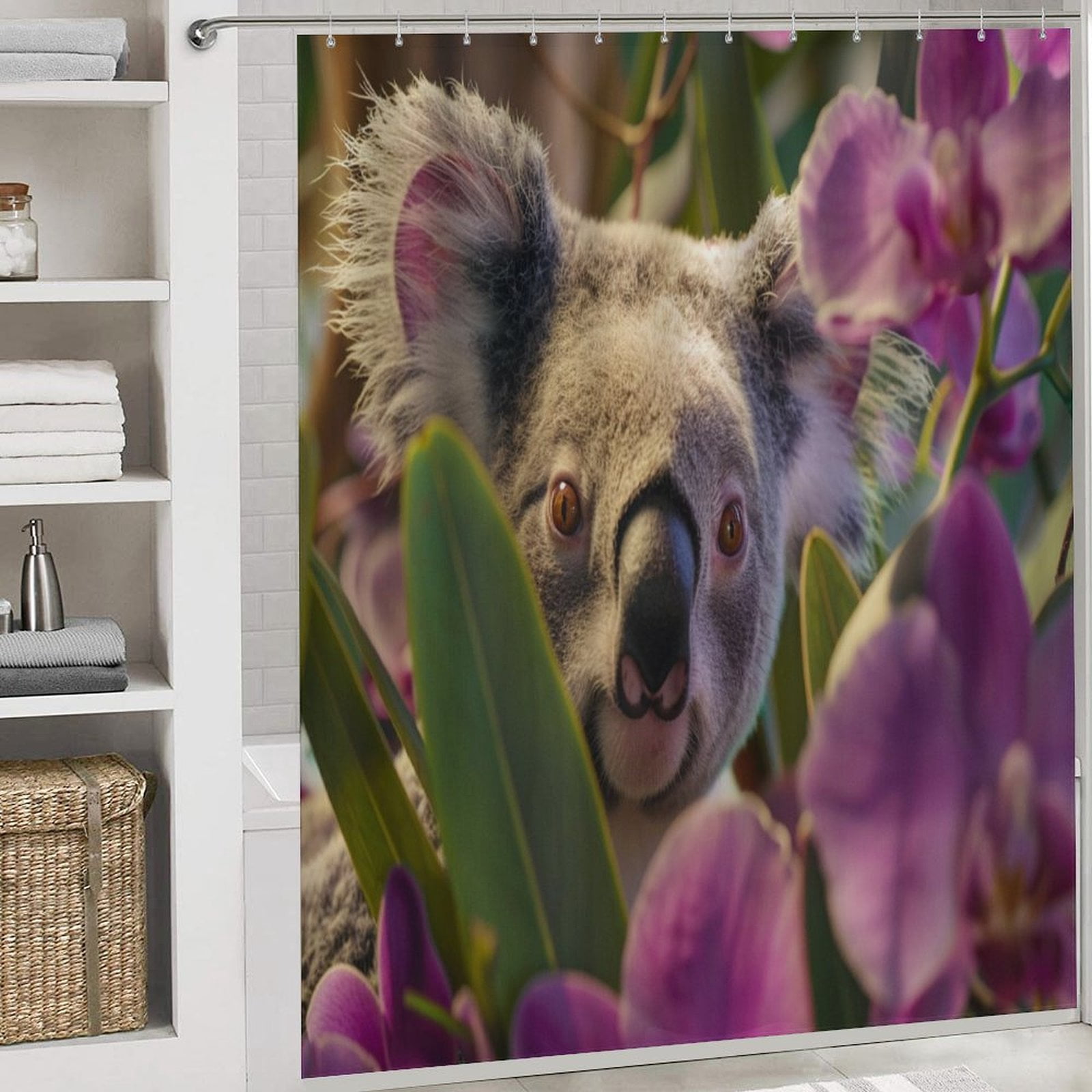 Shower Curtain Sets with Rugs 4 Piece Koala with Purple Orchids with Rugs Toilet Lid Cover And Bath Mat Custom Koala Bear Bathroom Shower Curtains Sets for Bathtub Decor 72inch X 72inch