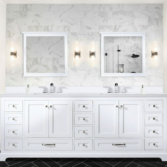 White Double Bath Vanity 84 In. W X 22 D - Quartz Top & Solid Wood Soft Close Function To Scratches And Stains Sufficient Storage With 2 Cabinets, 14 Drawers Open Shelf Pre-drilled For 8" Faucet