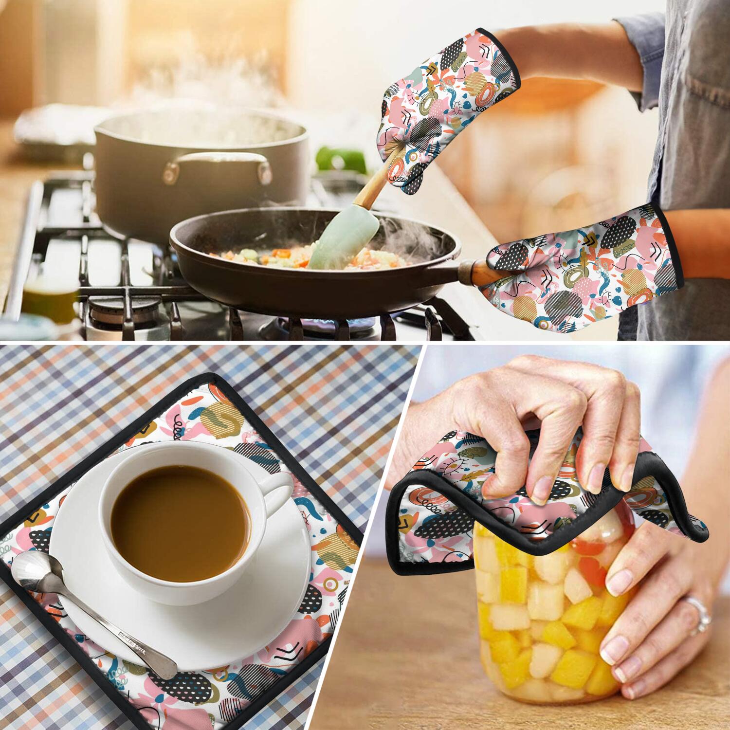 Floral Pattern Oven Mitts and Pot Holders Set Of 4, Heat Resistant Kitchen Gloves with Non-Slip Grip, Hanging Loop, Soft Cotton Lining for Baking, Cooking, Grilling, Barbecue