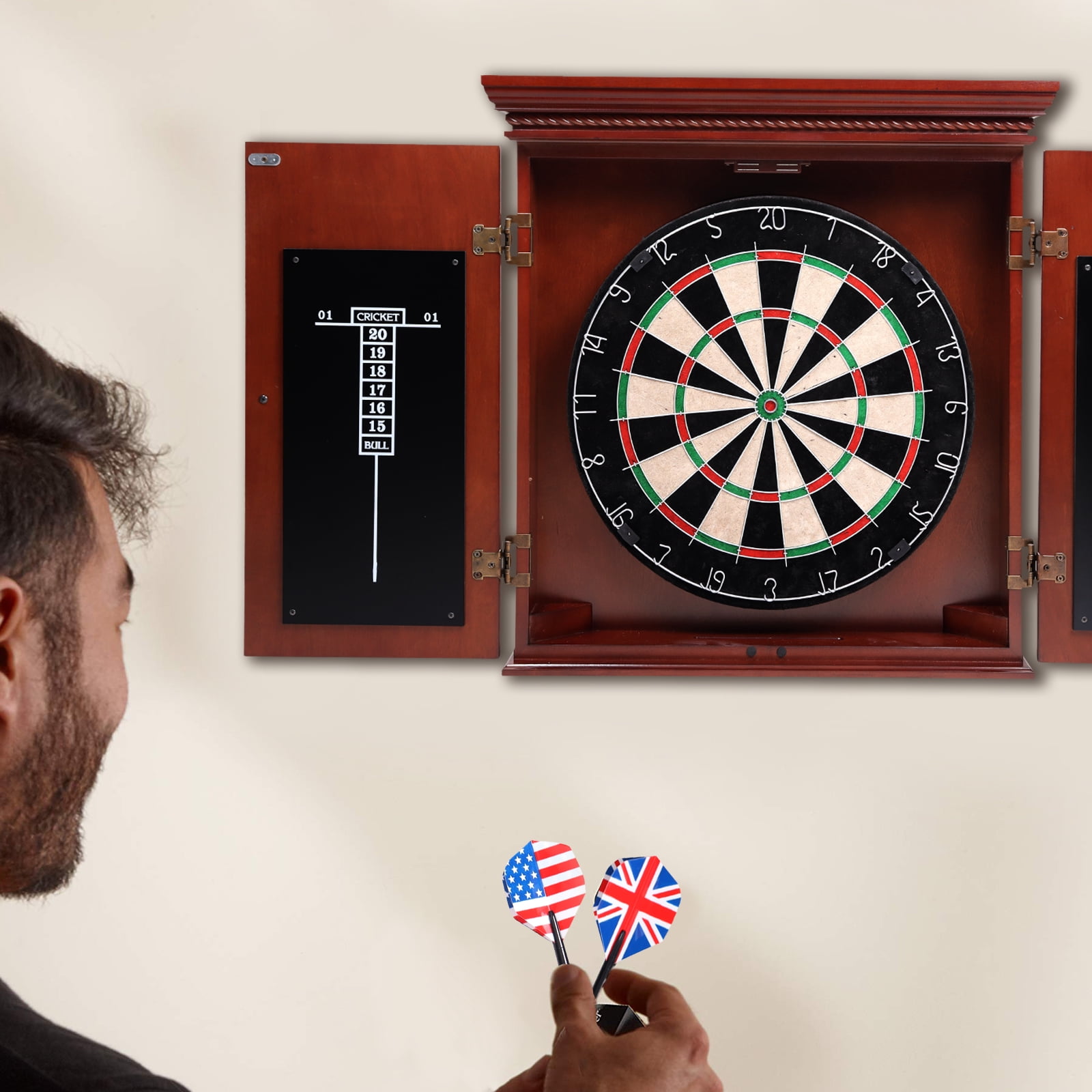 GSE Games & Sports Expert Premium Solid Wood Dartboard Cabinet Set with Bristle Dartboard, Dart Scoreboard and 6 Steel Tip Darts for Target Game Indoor Game (Brown)