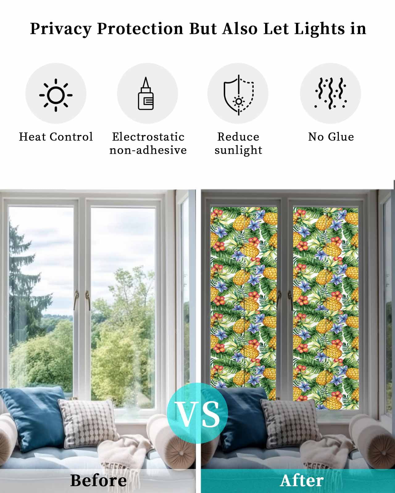 Window Privacy Film Pineapple Stained Glass Window Film Decorative Sun Block Window Cover Yellow Tropical Fruit Palm Leaf Floral Summer Window Clings Static Adhesive Sticker for Bathroom 17.7"x78.7"