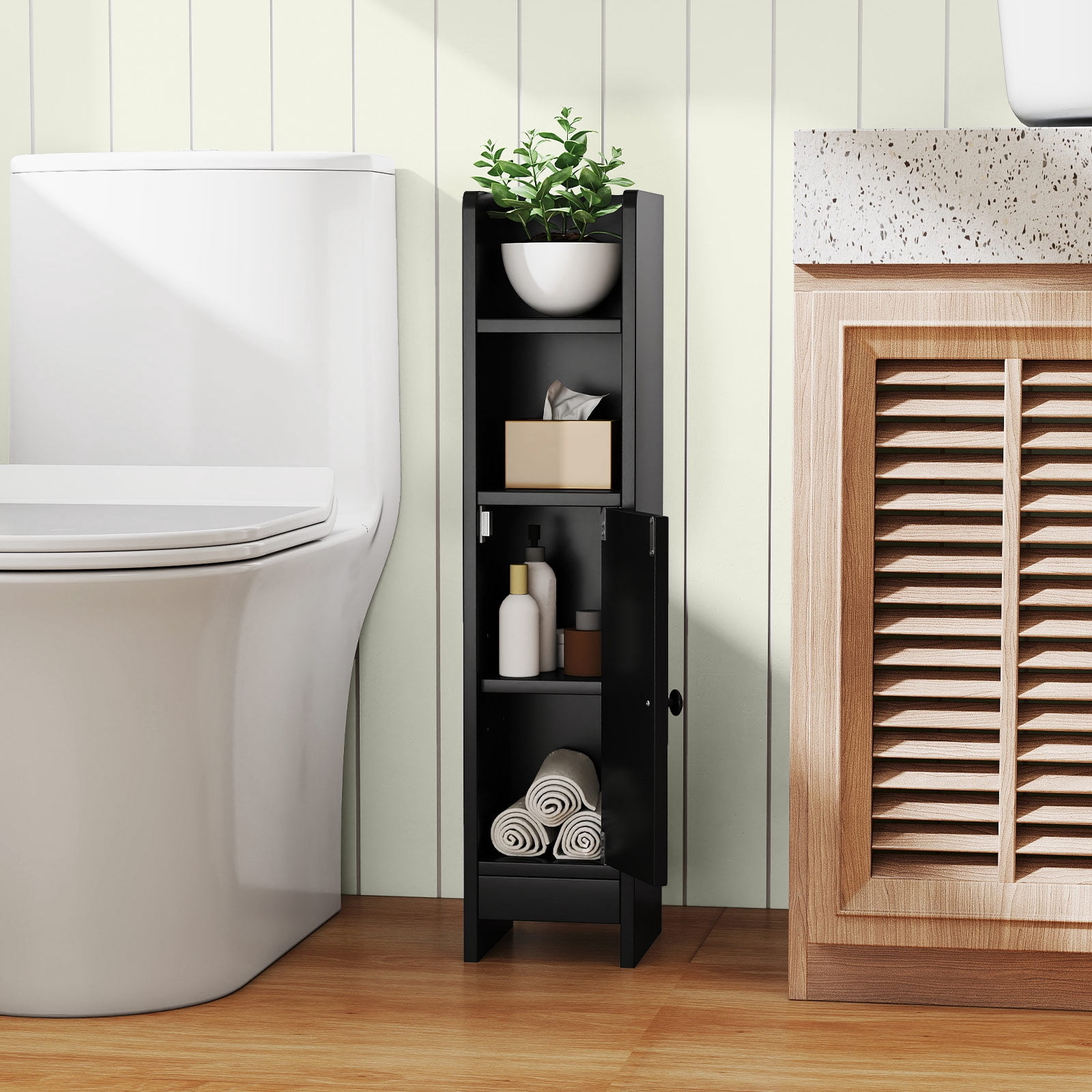 Topbuy Bathroom Storage Cabinet Small Corner Floor Cabinet with Door and Adjustable Shelves Toilet Paper Holder Stand Black