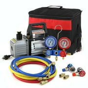 R134 Aluminum AC Manifold Gauge With QC19 Adapter Portable 3CFM Vacuum Pump 110V 60Hz 1400 RPM