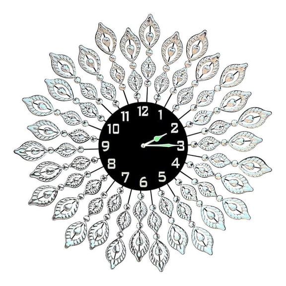 , Decorative Leaf Metal Wall Clock, Black Glass Dial Diameter 25", Perfect for Housewarming Gift (Crystal Clock Black1)