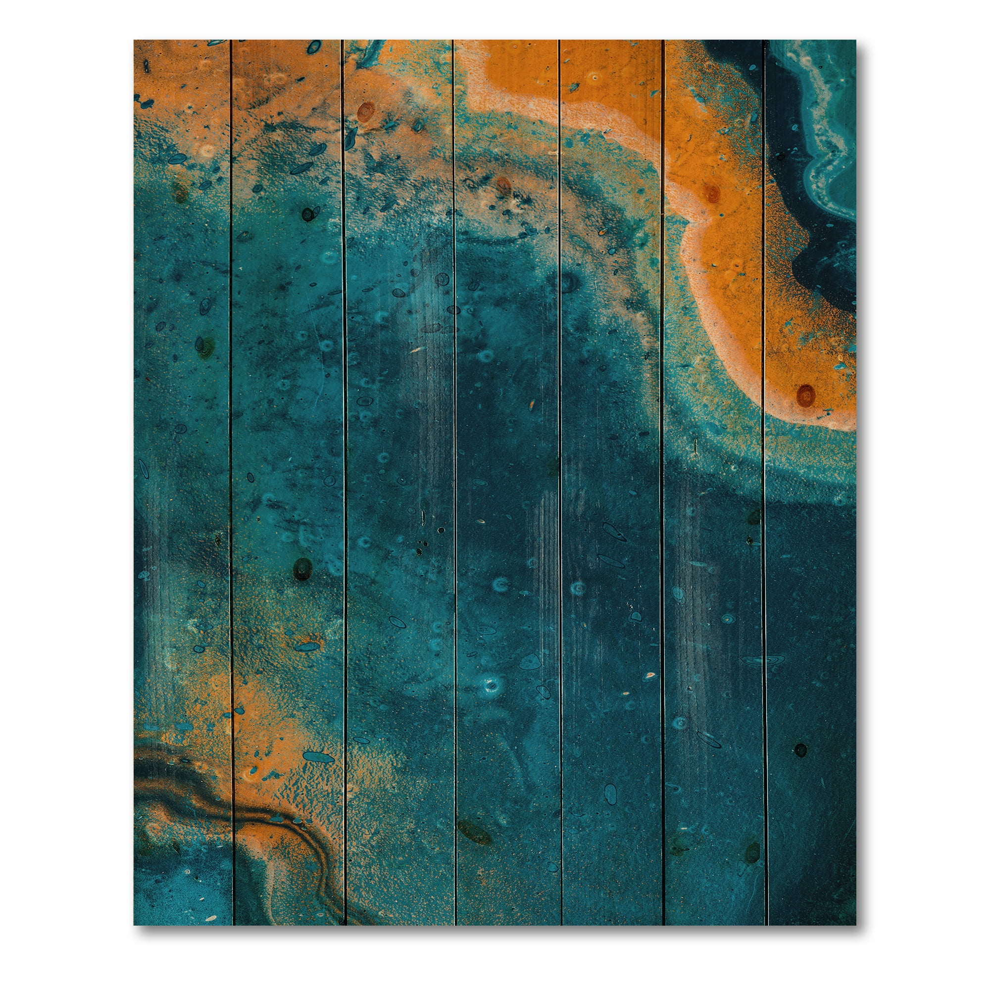 Designart 'Abstract Marble Composition In Orange and Blue V' Modern Print on Natural Pine Wood