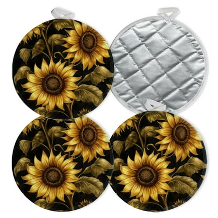 

4 PCS Pot Holders for Kitchen Potholders Sets with Hook for Oven Cooking Baking Realistic Sunflowers On Black Background