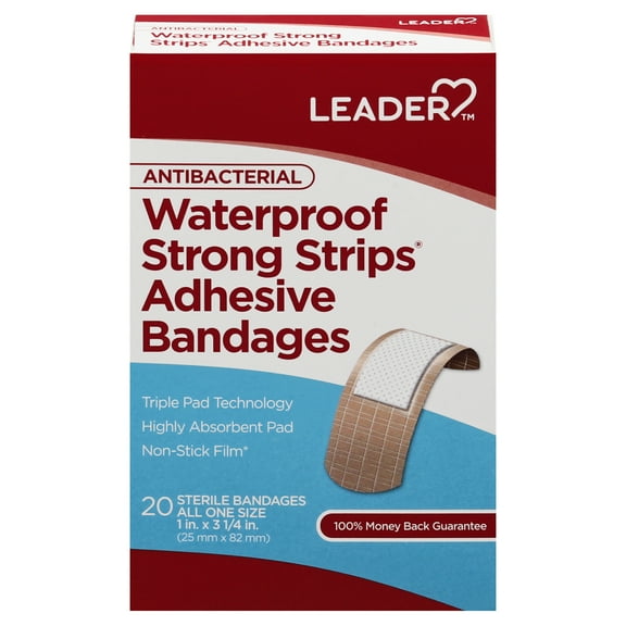 Leader Advance Antibacterial Waterproof Strong Strips Bandages, Durable & Infection Protection  20ct