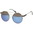 thumbnail image 2 of sunglassLA Unisex Modern Metal Frame Double Bridge Colored Mirror Lens Round Sunglasses (Gold-Black / Blue Mirror) - 59mm, 2 of 4