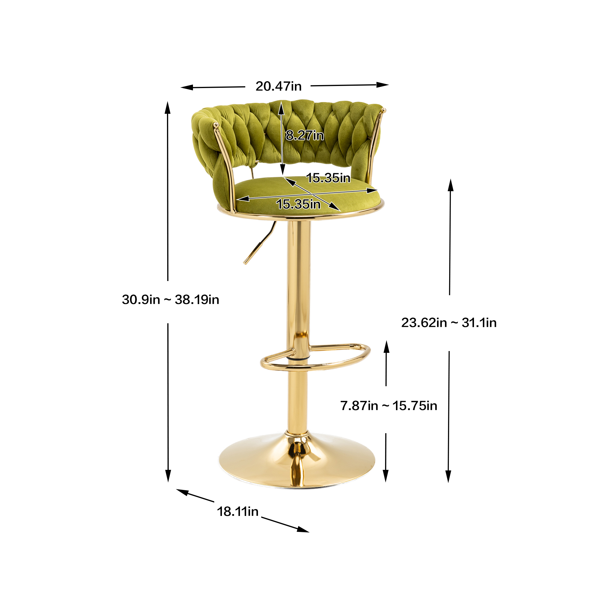 MOONMISS Velvet Swivel Bar Stools Set of 2, Adjustable Counter Height Bar Stool with Woven Back, Upholstered Kitchen Dining Chairs, Modern Barstools for Kitchen Island, Cafe, Pub, Bar Counter(Green)