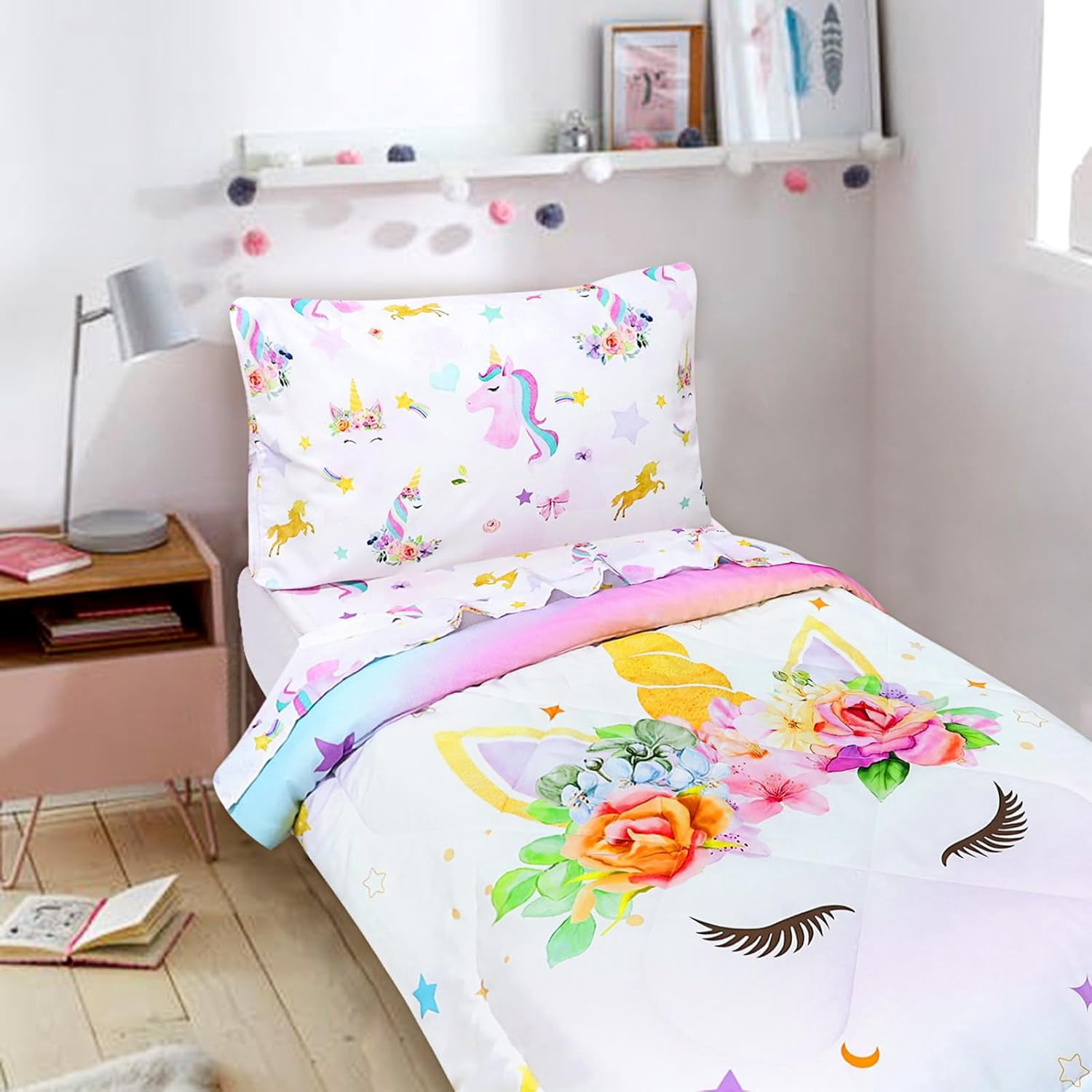 Toddler Bedding Sets for Girls, Unicorn Toddler Crib Bedding Set 4 Piece Pink Floral Toddler Comforter Set Includes Flat Top Sheet, Fitted Sheet, Comforter, Envelope Pillowcase, Soft & Comfort
